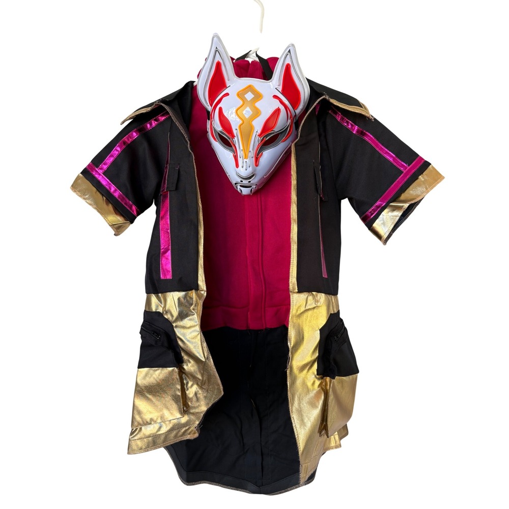 Fortnite Drift Costume Kids Medium Black Gold Excellent Light Up Mask Gloves